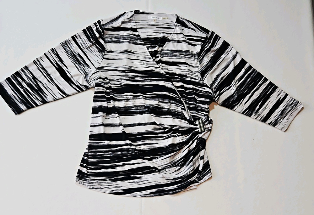 Calvin Klein Black White Gray Striped Knit Stretch Wrap V-Neck Blouse 2X